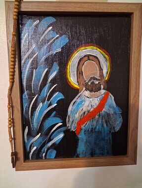 Hand-Painted Religious Icon on Wood Frame - Blue, Red, Yellow